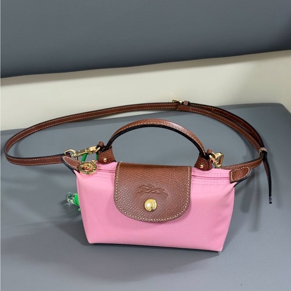 Longchamp Handbags - Longchamp Mini Le Pliage Pink Canvas Crossbody Bag Brown Leather Trim
